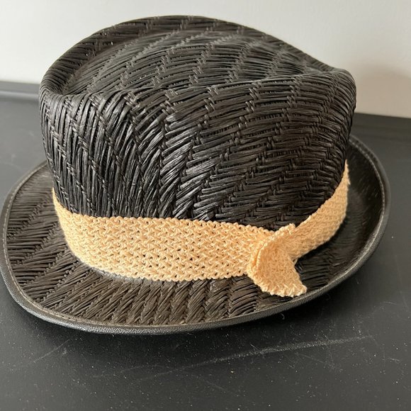 VENTO USA Classic Porkpie Black Straw Hat  |  Vintage 1950's | Sz L - Picture 2 of 9